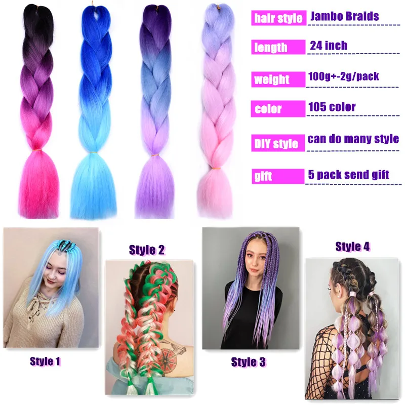 Trenzas Rave largas sintéticas de 24 ", caja trenzada de ganchillo con degradado, extensión de cabello trenzado, Color Negro, Rosa, trenzas de burbujas coloridas para fiesta