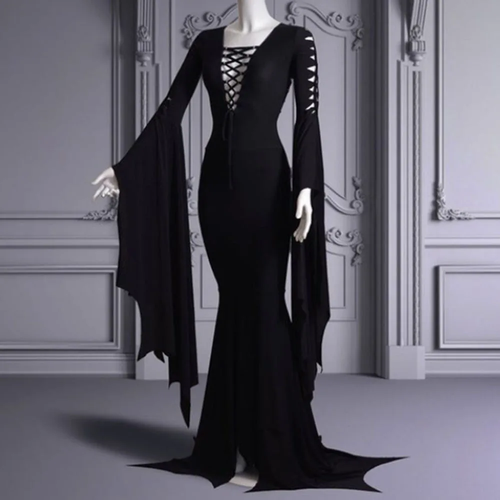 Plus size Wtich Ghost Costume Gothic Floor Train Dress Vampire Vintage Morticia Addam Bandage Cosplay Gown Robe