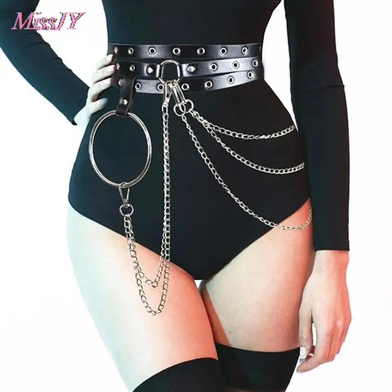 1Pc Unisex Female Leather Skirt Belts Punk Gothic Rock Harness Waist Metal Chain Body Bondage Hollow Belt Accessories For Lady