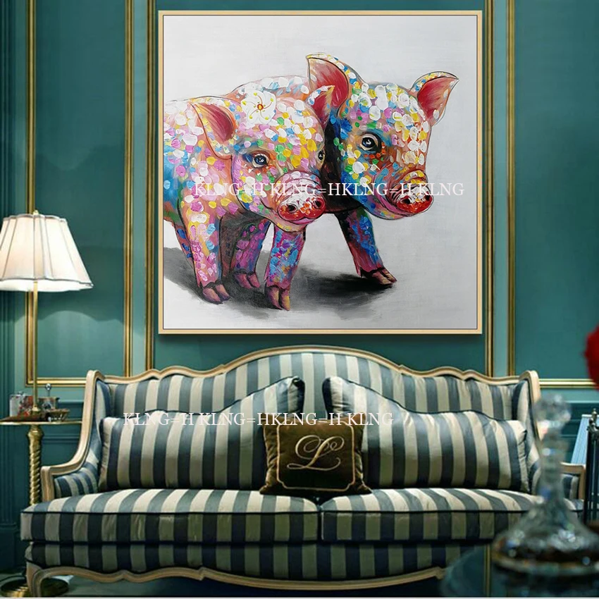 Free Shipping  Hand Painted Lovely Couples Pig Painting Canvas Art Children Room Decoration Oil Painting Canvas Wall Decor