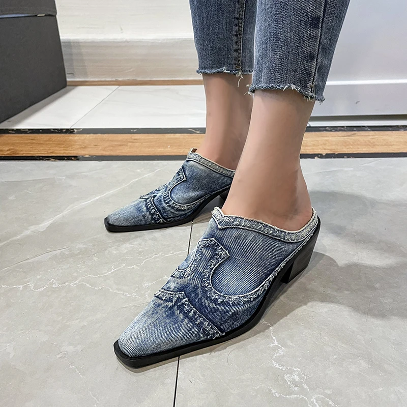 LazySeal Denim Shallow Square Heel Women Slippers Sewing Autumn Canvas Heel Slipper Pointed Toe Slip On Women Casual Female Shoe