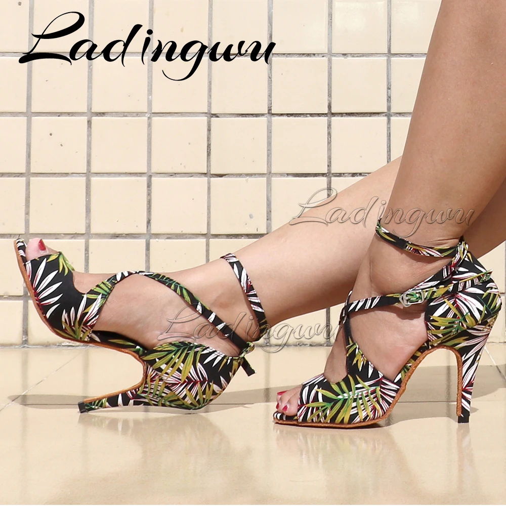 Ladingwu Salsa Jazz Ballroom Latin Dance Black Shoes For Dancing Women Social Strip High Heels Featured graffiti Satin  Sandals