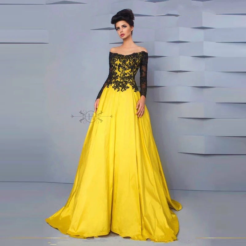 

Hot&Sale black&yellow boat neck long sleeve appliques ball gown evening long prom plus size EVD20 mother of the bride dresses