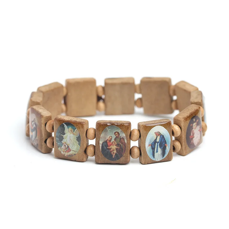 Natural Wooden Catholic Jewelry Virgin Mary Jesus Christian Faith Rosary Bracelet Religious Jewelry Wholesale