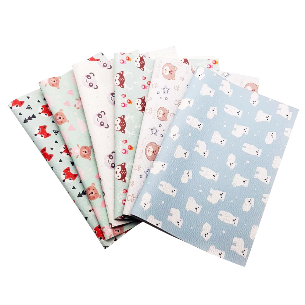 QIBU 22*30cm Printed Bow Fabric Faux Leather Sheets Cartoon Cute Animals PU Leather DIY Hair bows Material Synthetic Leather