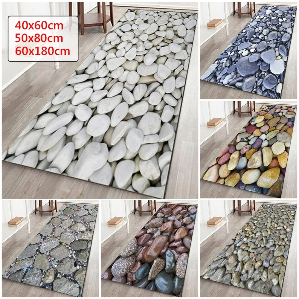 WUJIE 3D Printed Simulated Pebble Bathroom Carpet Doormat Hallway Bath Mat Kitchen Anti-slip Modern Area Rugs Living Room Decor