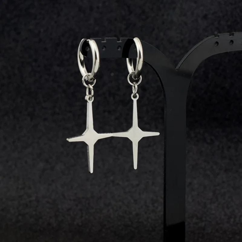 Men's cross earring in steel  or black, wire hoop dangle cross earrings, cross earring for guys, Steel color cross earring, 552Y