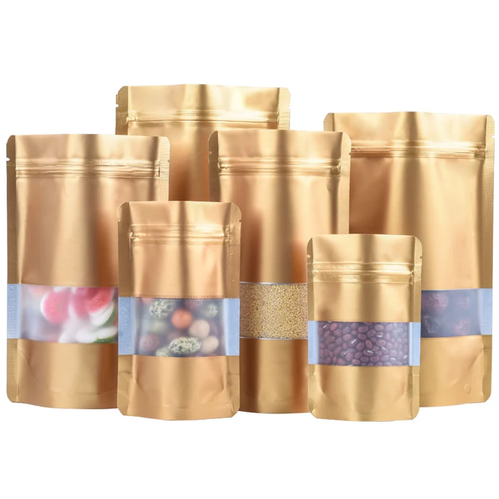 100 sztuk złota Zip Lock Mylar folia stojąca torba z matowym okienkiem uszczelnienie termiczne Tear Notch przechowywanie żywności Doypack cukierki torebki herbaty