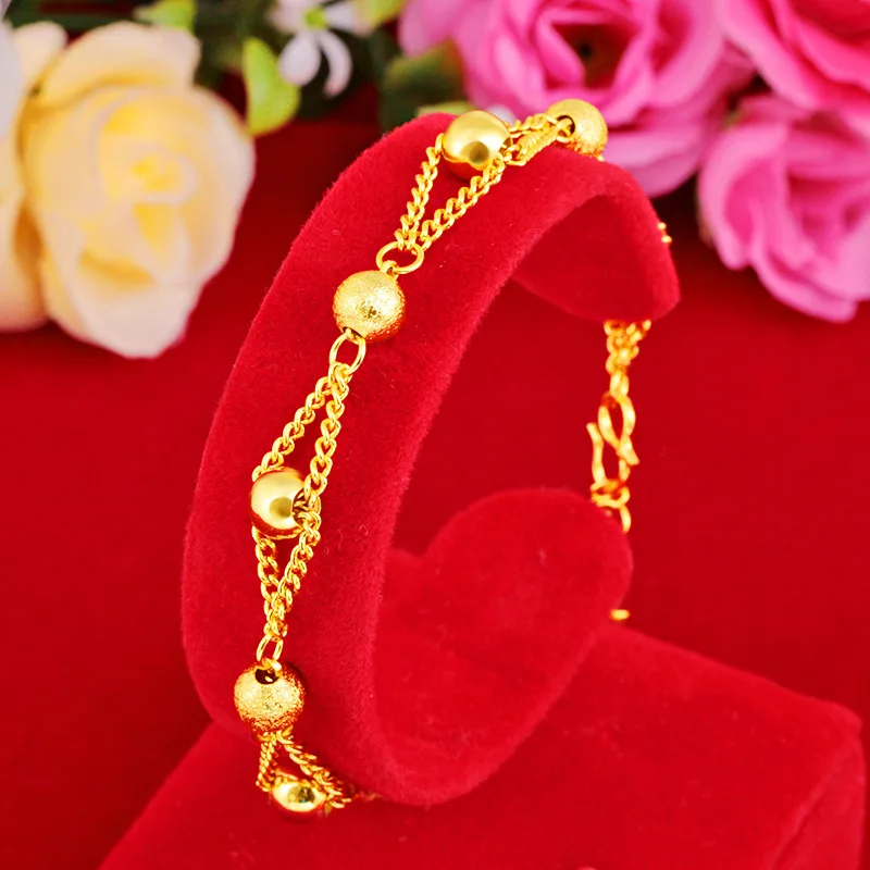 Pure Gold Color Ball Beads Bracelets for Women Girls,Fashion 24k Gold Plated Chain Bracelet 16+3cm Wholesale Wedding Jewelry