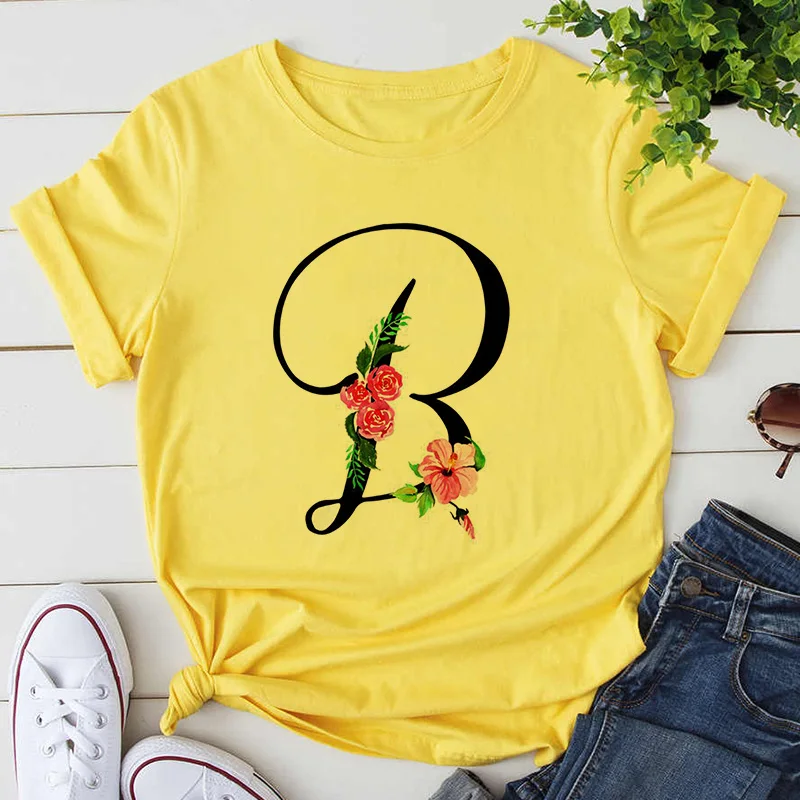 Custom Name Letter Combination Women's High Quality Print T-shirt Flower Letter Font A B C D E F G Short Sleeve yellow Tshirt