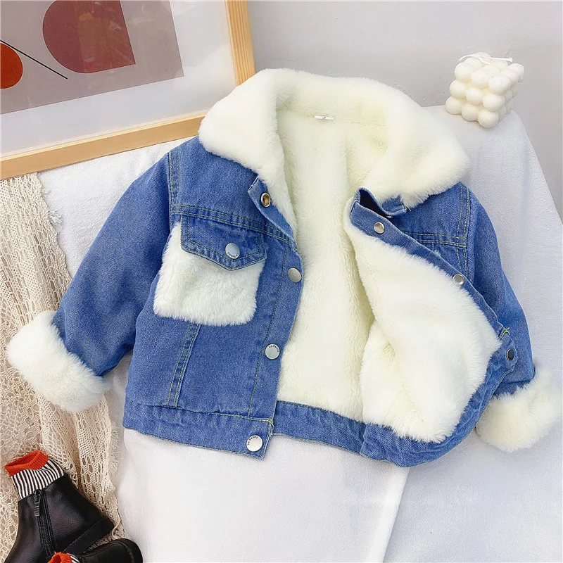 2-6 Years OId Thick Warm Kids Boys Girls Denim Coat Velvet Fur Jackets Outerwear 2024 New Autumn Winter Children Overcoat