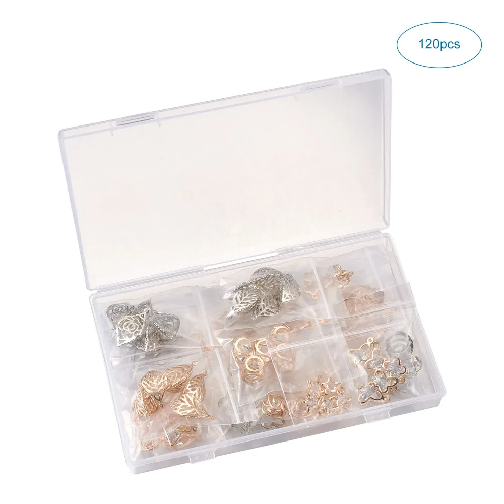 120pcs/box Iron Pendants & Links with  Rhinestone inside for Jewelry Making DIY Mixed Shapes Mixed Color