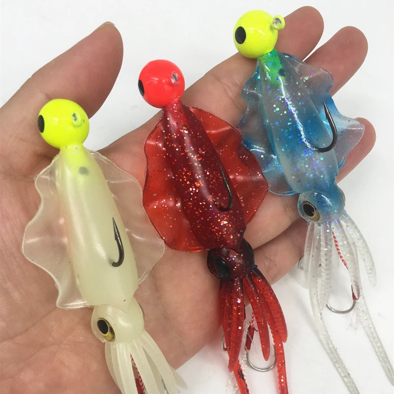 130mm Fishing Tuna Lure Octopus Squid Skirt Fishing Soft Lure Rig Luminous Squid Jig Sea Fishing Wobbler Bait Jig head hook