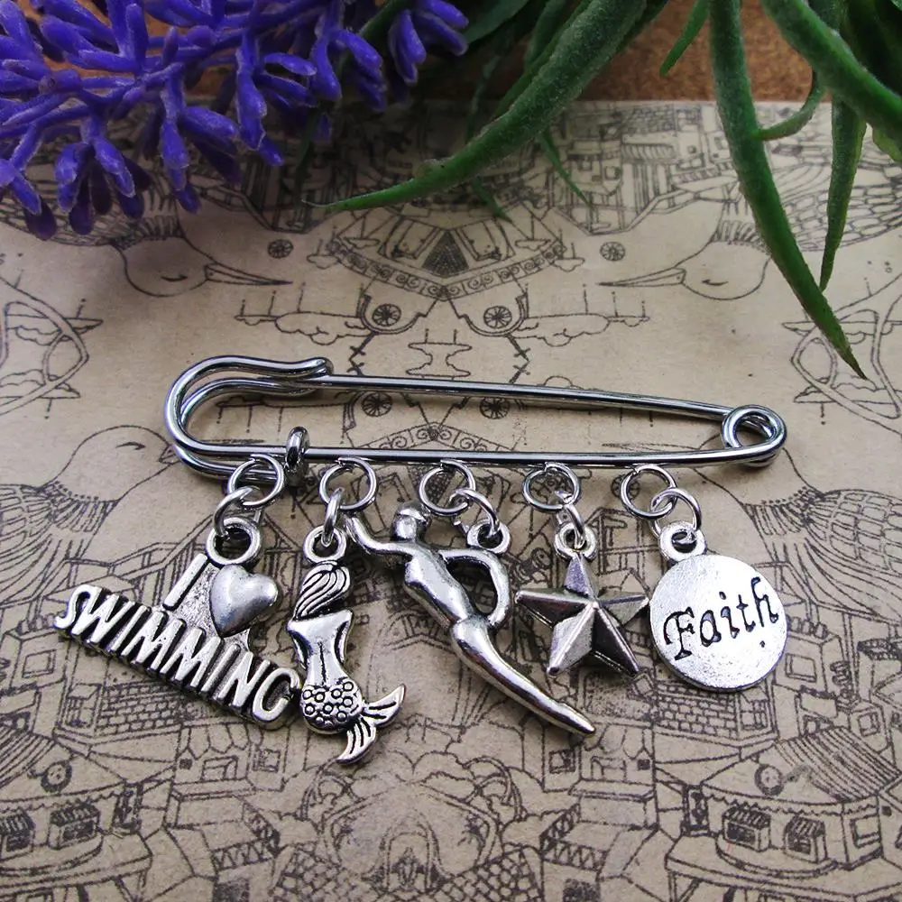 keep swimming faith winner charm brooch  silver plated charm brooch gift  birthday