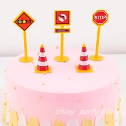 Creative Barricade Road Sign Birthday Cake Decoration Plastic Engineering Vehicle Partner Traffic Model Baking Decor Supplies