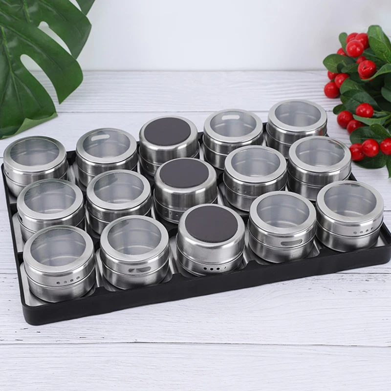 Kitchen Supplies Magnetic Spice Jars With Pedestal Food Grade Stainless Steel Container Set With Labels Sticker Seasoning Bottle