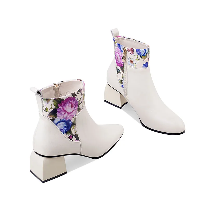 Phoentin plus size 43 Genuine Leather floral print white Winter Boots Woman round Toe Ankle boot High Heels Shoes Black FT1310