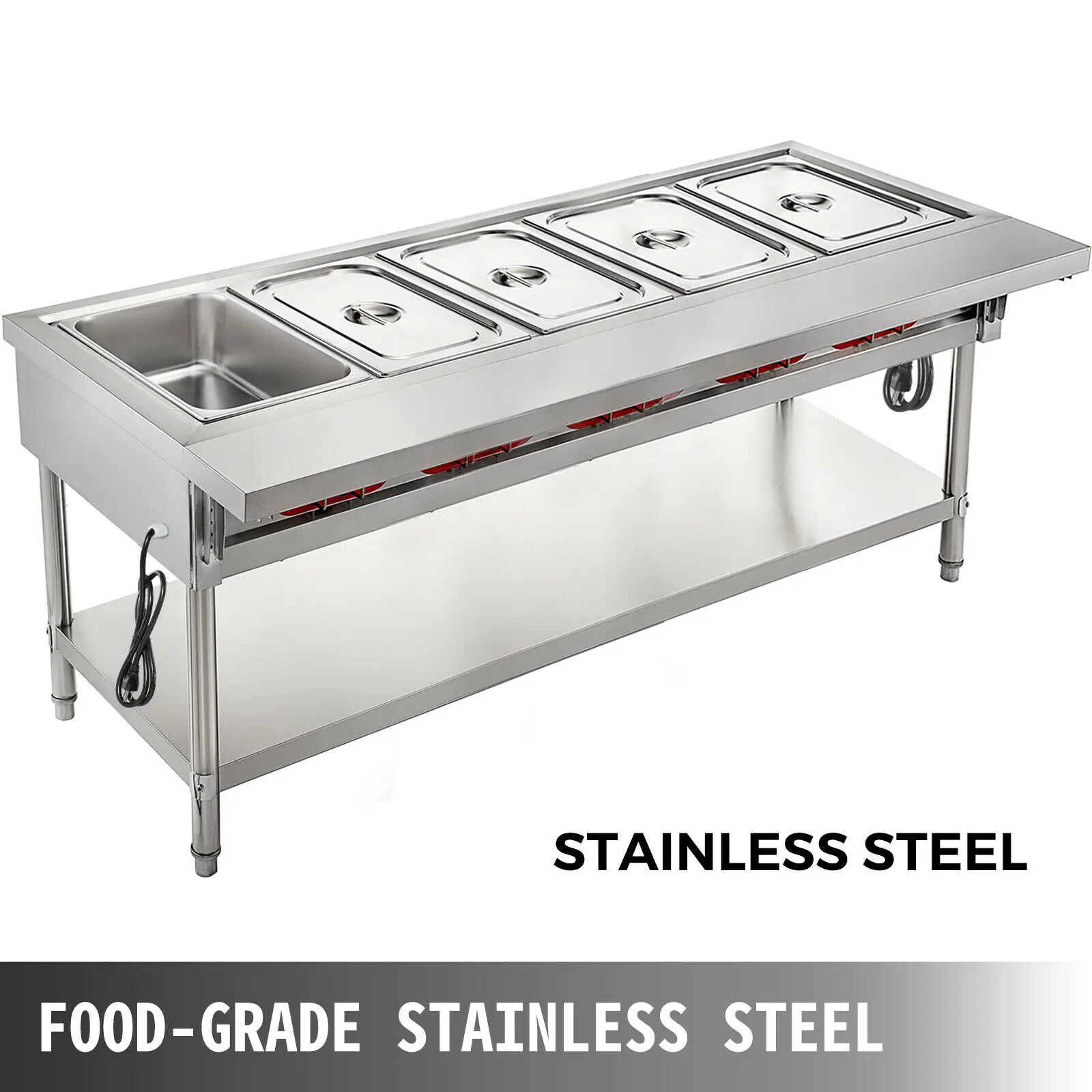 VEVOR Electric Steam Table Food Warmer Stand Stainless Steel Foldable for Restaurants Canteens Catering Holding Food Commercial