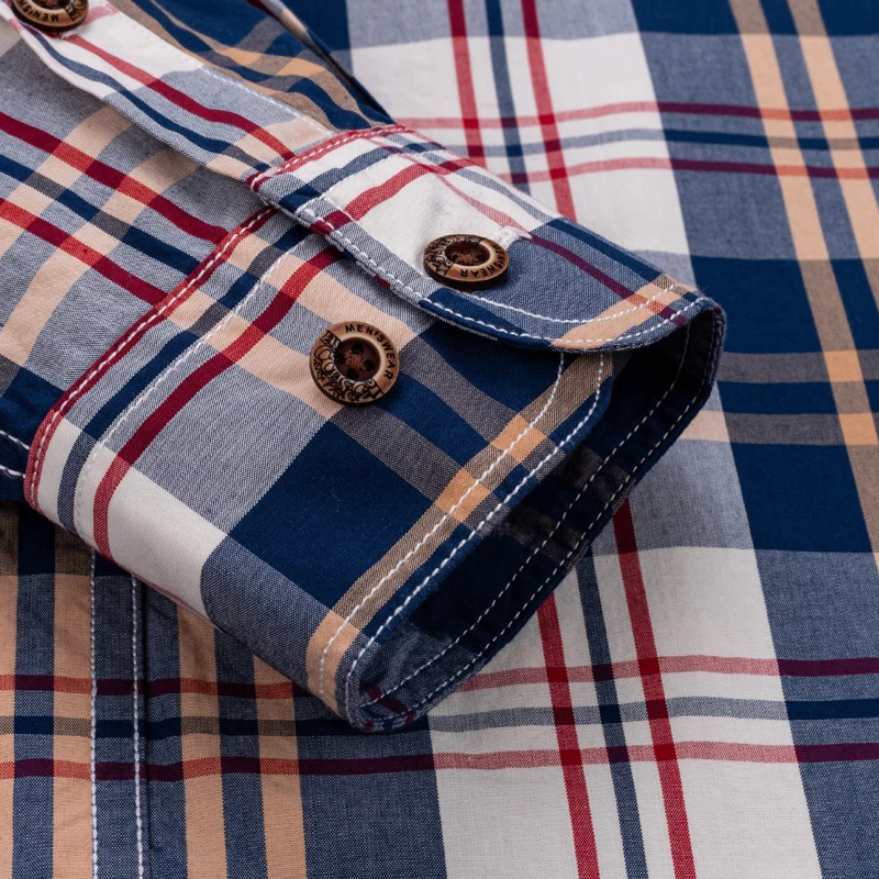 England Style Contrast Casual Checkered Shirts Pocketless Button-down Soft 100% Cotton Long Sleeve Standard-fit Plaid Shirt
