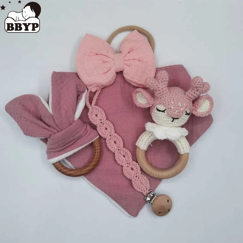 

2-5Pcs Handmade Cartoon Animal Rattle Toys Baby Bib Towel Pacifier Clip Chain Headband Bed Bell Rattle Shower Gifts