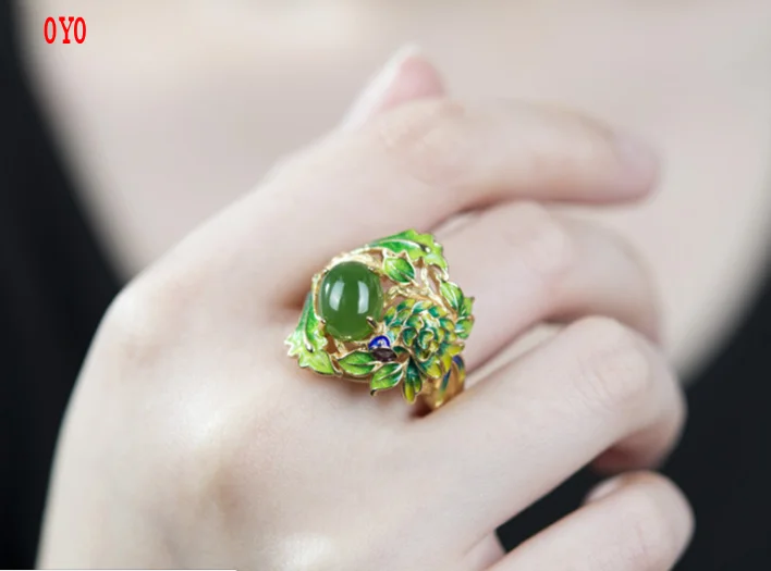 

2021 new jasper ring s925 silver gold-plated jewelry cloisonne craft green leaf open ring