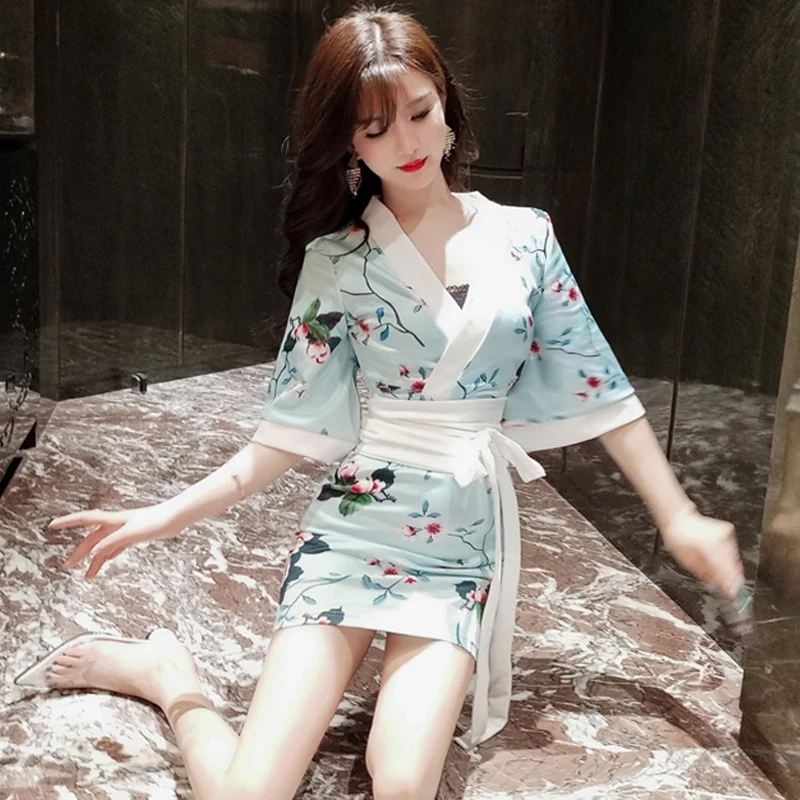 

Women Retro Print Kimono Japanese Style V-neck Dress Sexy Lady Slim Yukata Dresses Party Nightclub Bar Bodycon Vintage Vestidos