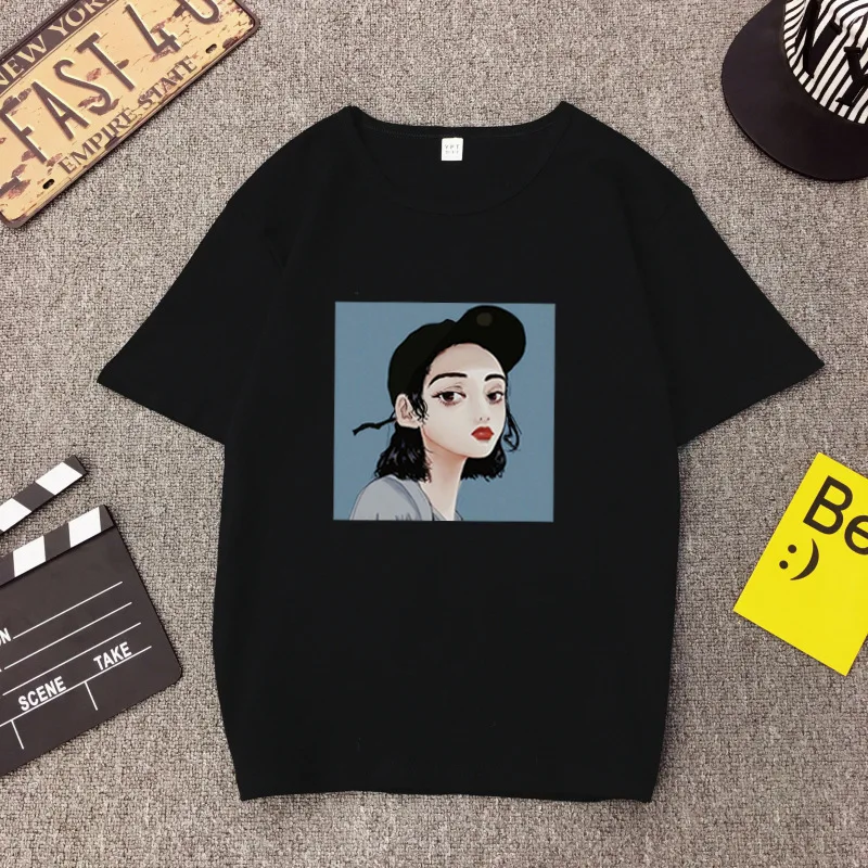 Korean Student Cartoon Print Women's T-shirt Short Sleeve Large Size Loose Shirt Retro Hong Kong Style Top Summer Comfortable