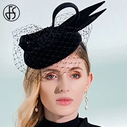 FS 2023 Fascinators Black Pillbox Hat With Veil Bow 100% Australian Wool Felt Wedding Hats Women Bridal Cocktail Church Fedoras