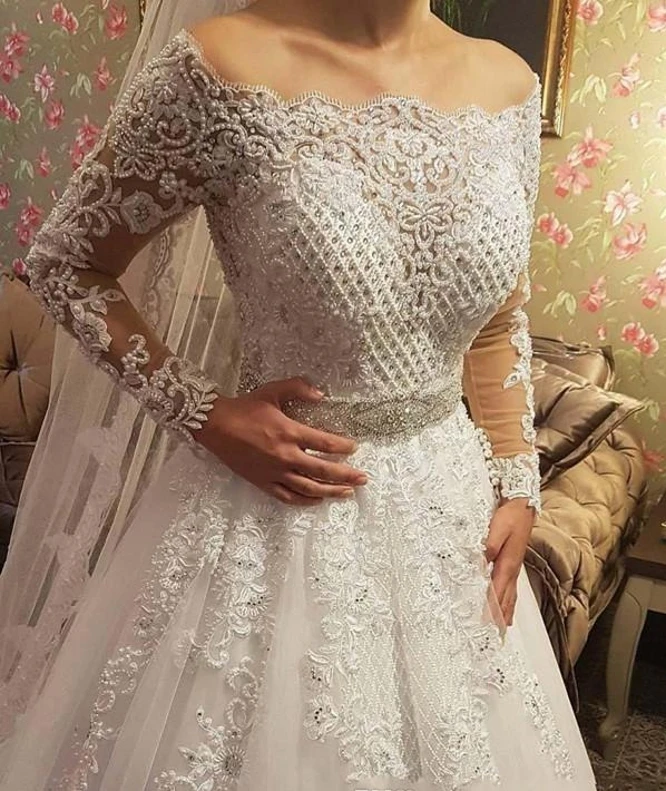 Luxury Off the Shoulder Arabic Muslim Wedding Dresses 2020 Long Sleeve Full Beads Wedding Gowns Bride Dresses Vestido De Novia