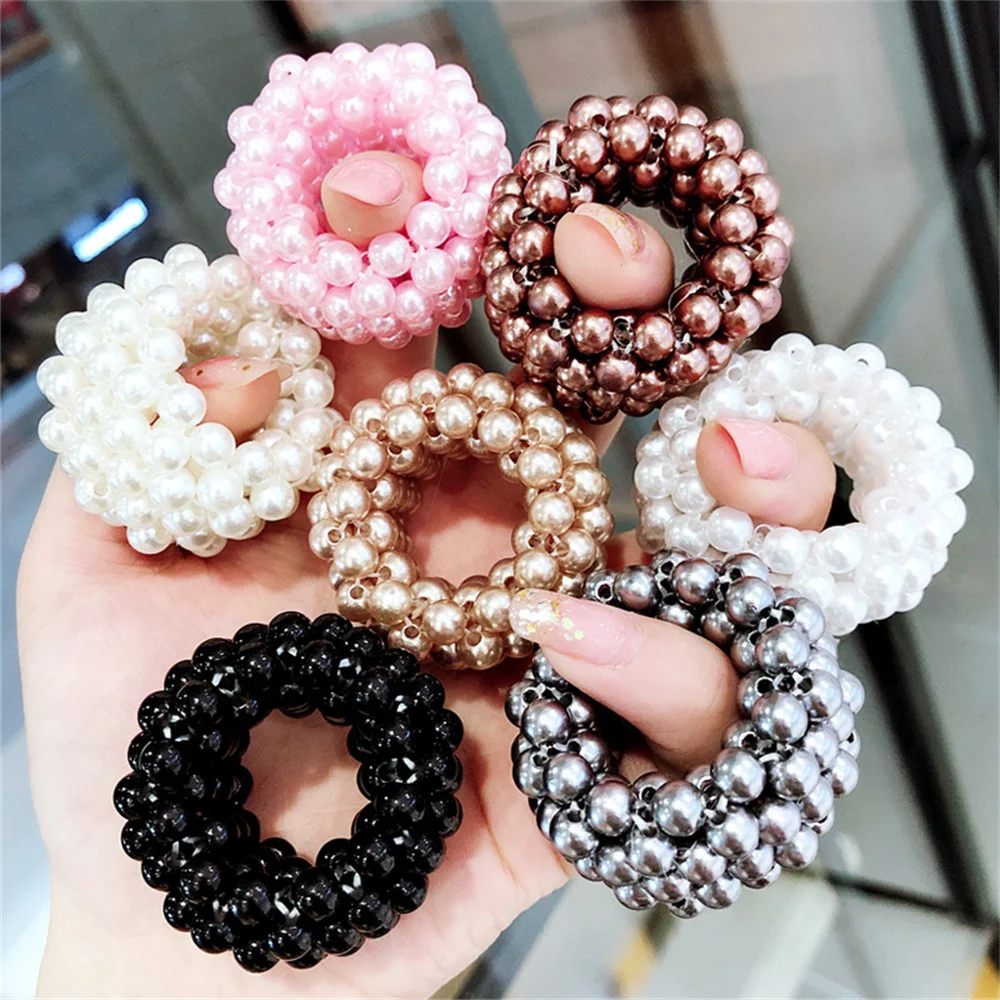 

Pearls Beads Hair Ties Elastic Hair Bands For women Hair Rope Scrunchies Ponytail Holders Rubber Hair Accessories