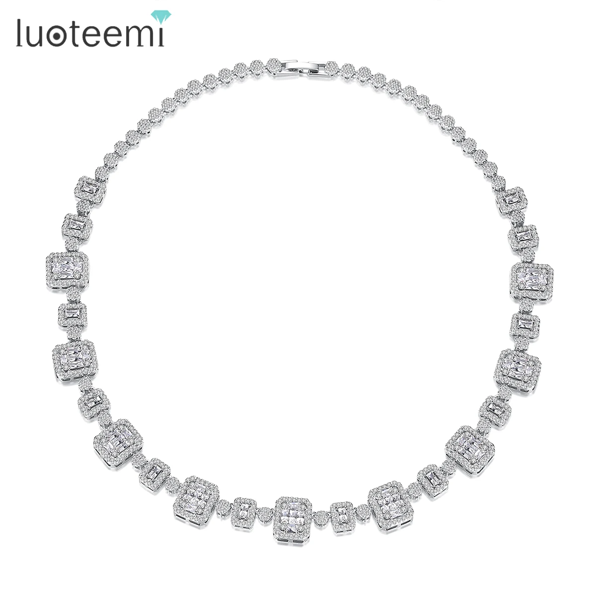 LUOTEEMI Unique Multiple Squares Cubic Zirconia Necklace Choker Full High Quality CZ Paved Cuban Link Chain for Girl Party