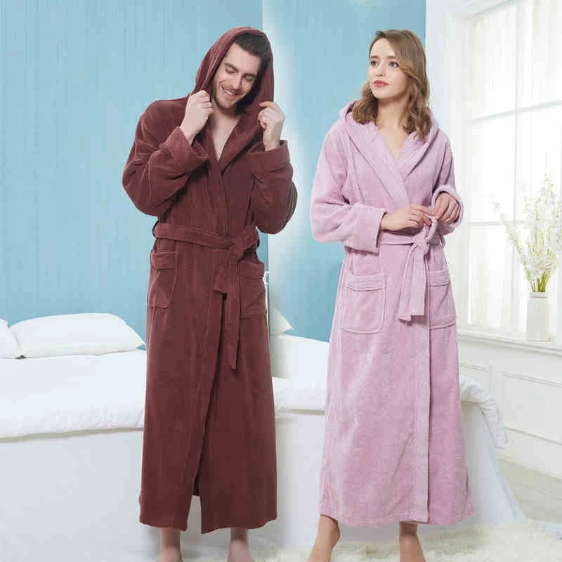 Men Bathrobe Winter Hooded Extra Long Thick Warm 100% Cotton Men\'s Robe Luxury Kimono Bath Robe Sleepwear Male Dressing Gown