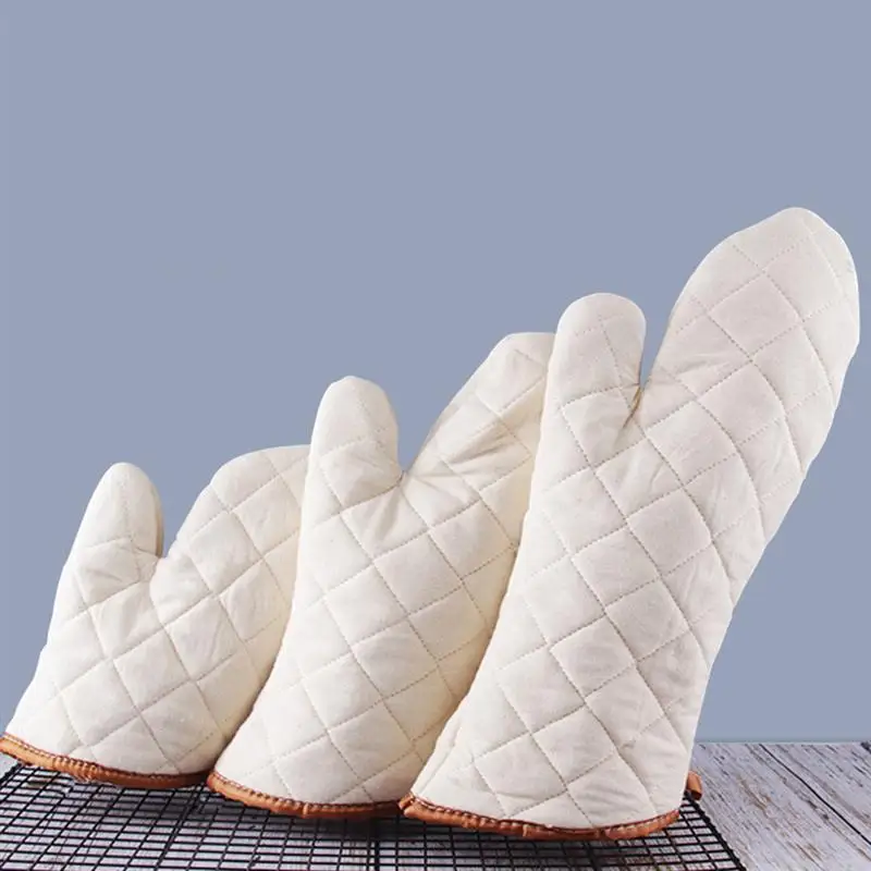 

2pcs White Cotton Cloth Non-slip Heat Resistant Gloves Kitchen Oven Mitt Cooking Tools for Home Restaurant