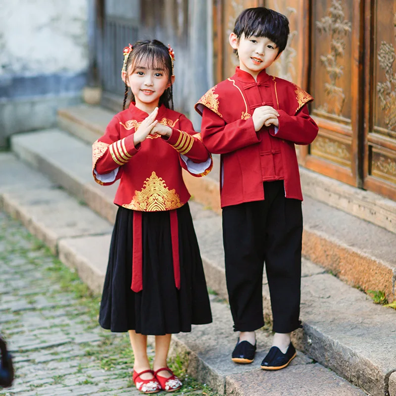 Chinese Lovely Tang Suit Boys Hanfu Embroidery Cotton Children Perform Costumes Girls Traditional Photography Clothing