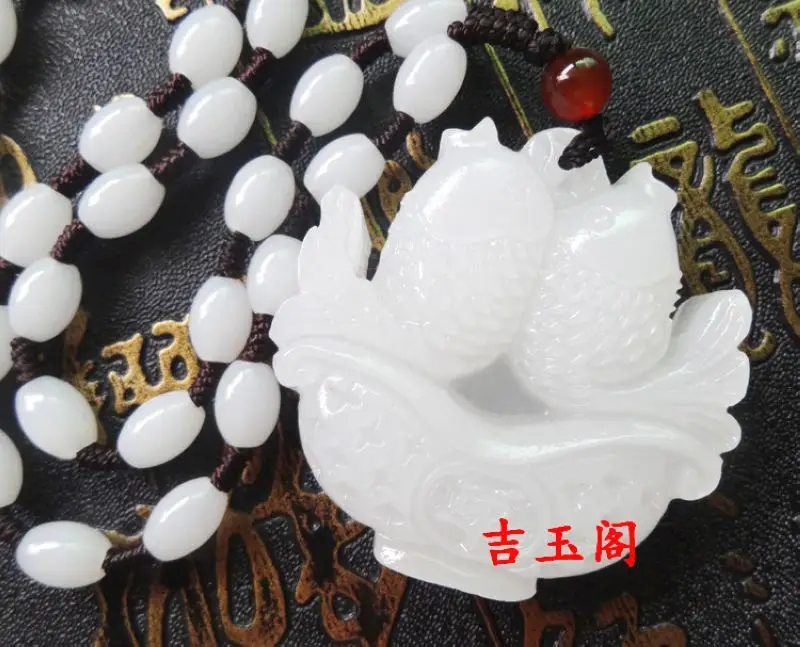 Admirable White jade Hanging 2 cyprinoid pendant Carven Lucky Amulet Mala Bead Necklace With