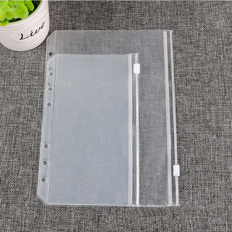 1Pc PVC A4A5A6A7B5B6 Transparent Zipper Storage Card Holder Binder Rings Notebook 6 Hole Pouches Document Postcard Bank Planner