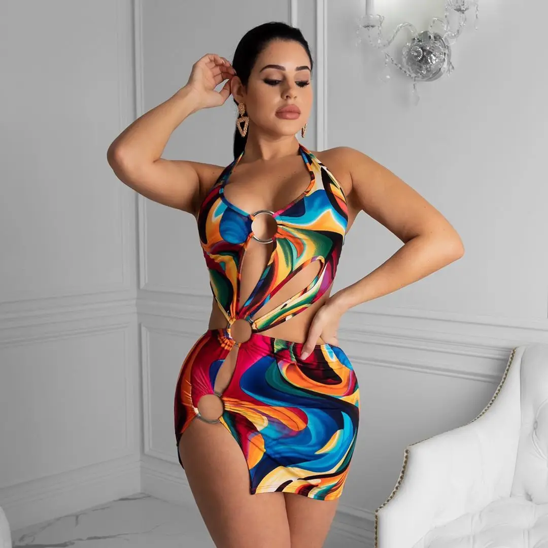 

2021 Women Halter Sexy Geometric print Backless Slit Mini Dress Sleeveless Night Club Party Dress Summer Bodycon Beachwear