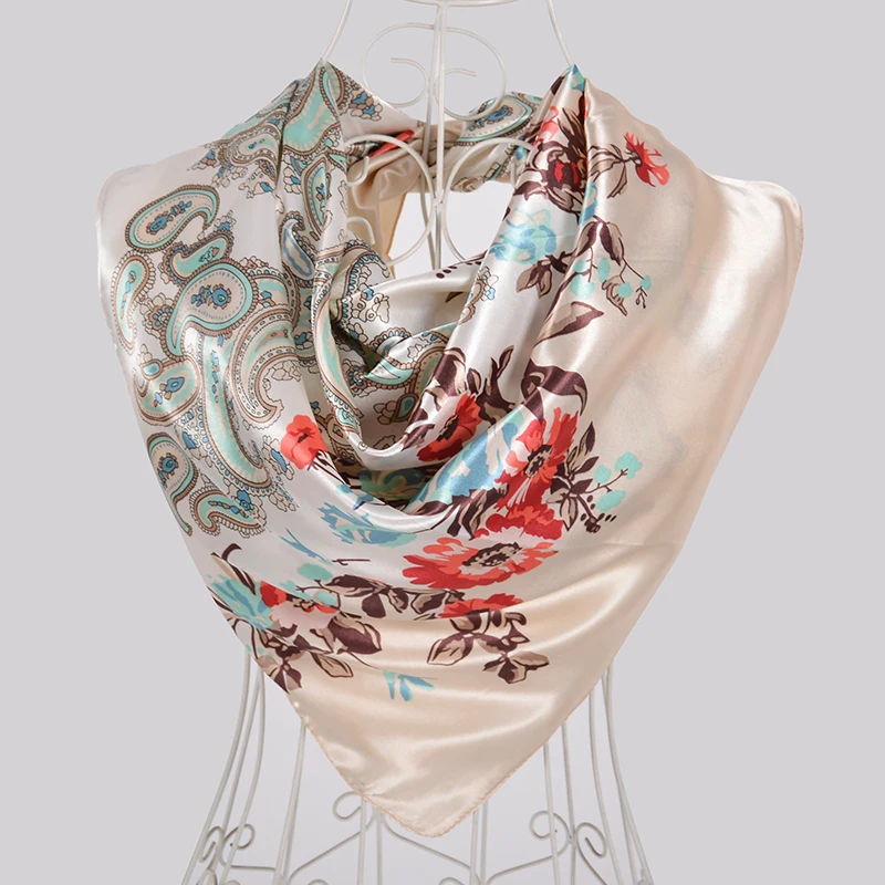 [BYSIFA] Spring Blue White Ladies Silk Scarf Hijab New Luxury Plaisley Satin Square Scarves Wraps Fashion Muslim Head Scarf Cape