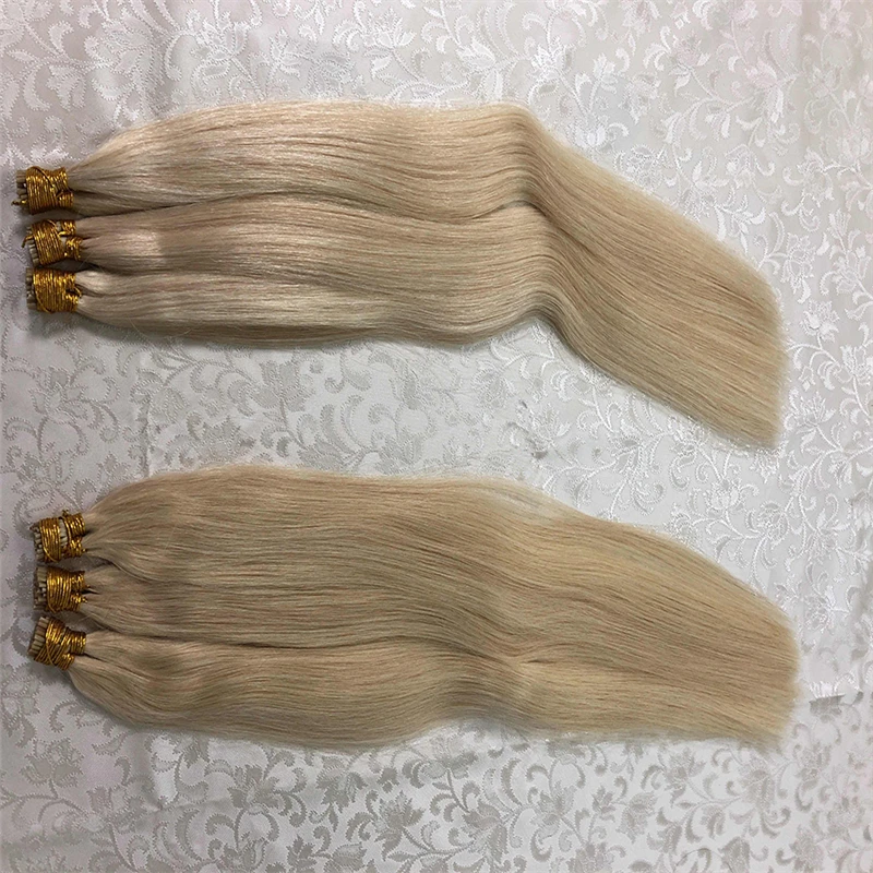 QHP-extensiones de cabello humano Remy, hecho a máquina pelo liso, queratina, Punta I, Color ombré, rosa y rojo, 50 unidades por juego