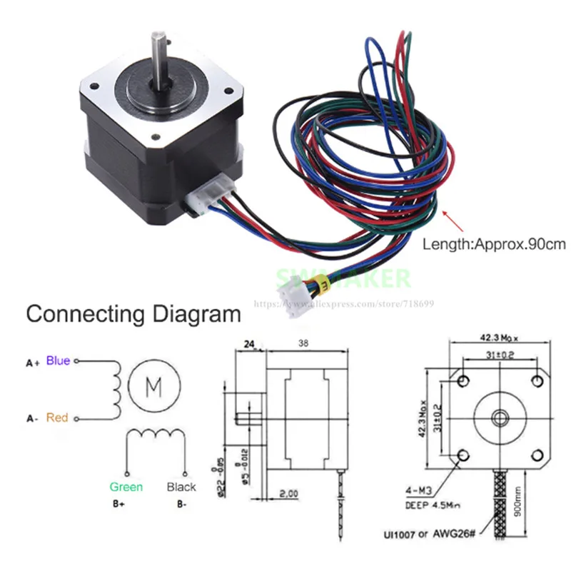 Anet 3d printer 42 Stepping Motor kit with  cablefor A8 3d printer parts