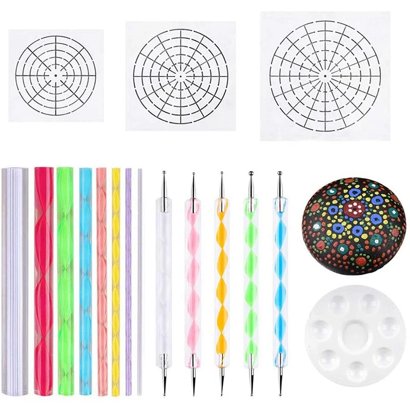 Mandala Dotting Stencil Tools Rock Painting Kit Ball Stylus Dotting Tools Include Stencil, Paint Tray (17 Pack)