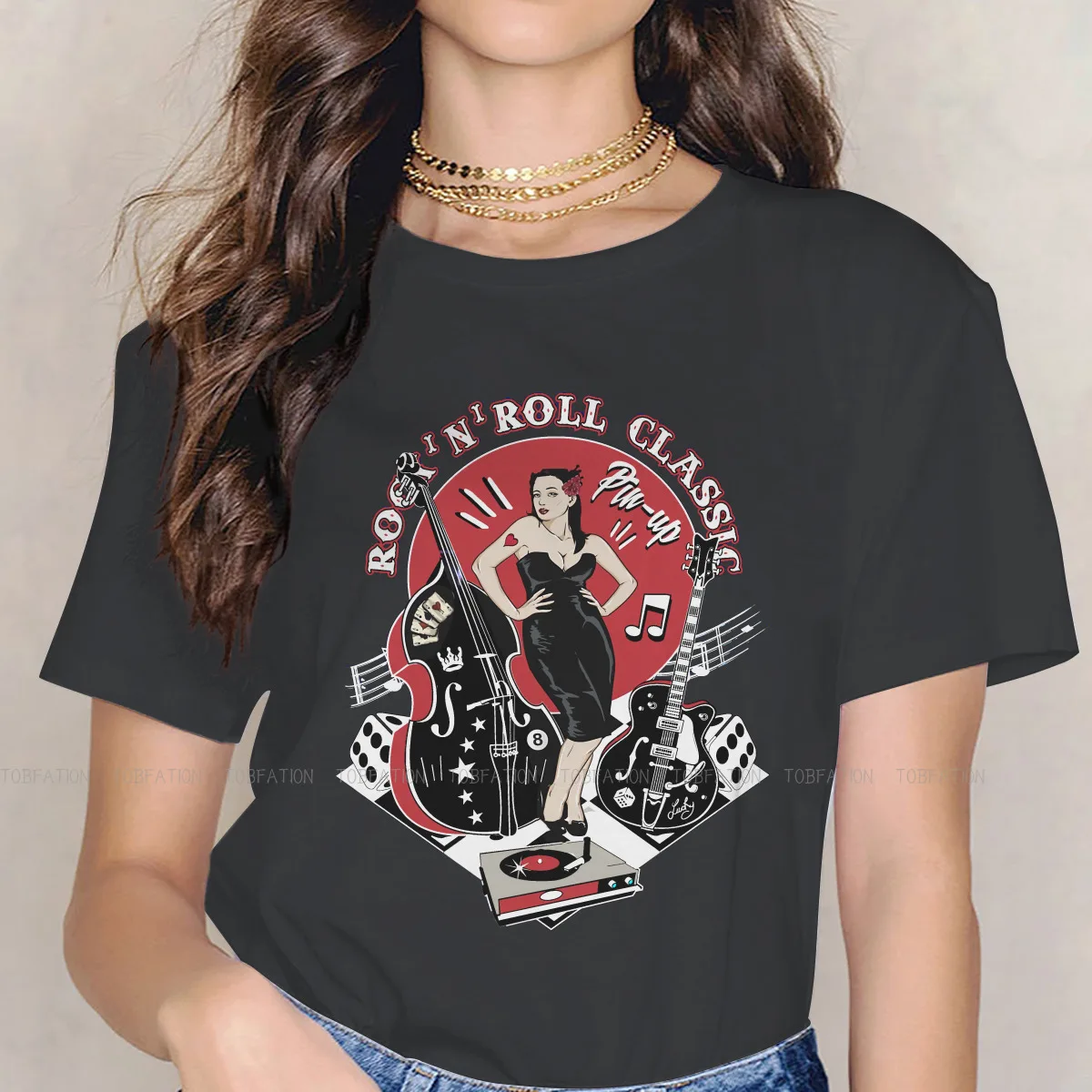 Rockabilly Vintage Rock Roll Music Sock Hop Women\'s T Shirt Pin Up Girl Model Girls Tees Kawaii Tops Tshirt Oversized Hipster