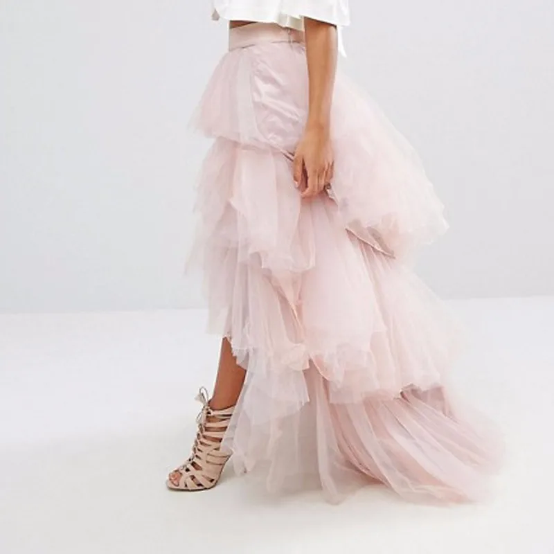 MYYBLE Fashion High Low Women's Tulle Skirt Light Pink Women Formal Party Skirt Long Tulle Skirts Ruffles Tutu Skirt Custom Made