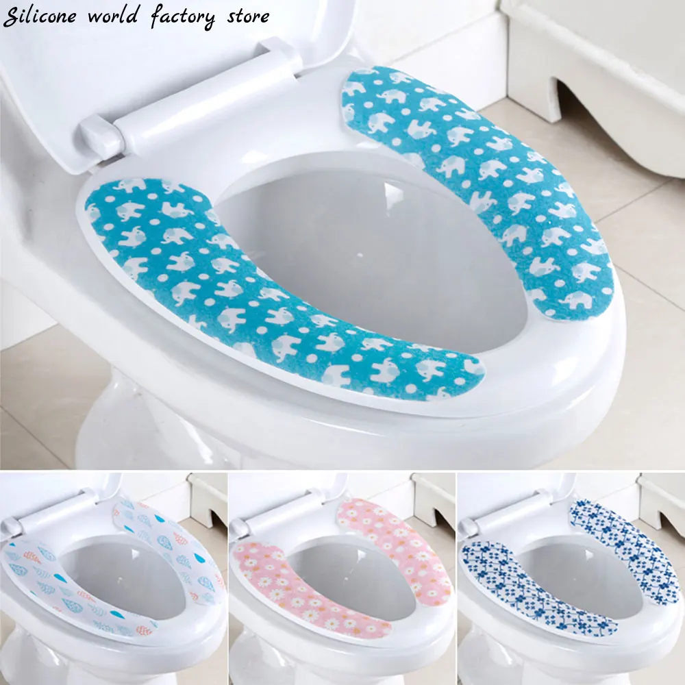 Silicone world 1 Pair Reusable Warm Toilet Seat Filling Washable Bathroom Mat Seat Cover Thick cartoon sticky Toilet cushion