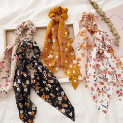 2020 New Fashion Chiffon Silk Wispy Floral Bow Hair Scrunchies Women Hair Tie Rope Rubber Bands Ponytail Holder Hair Accessories