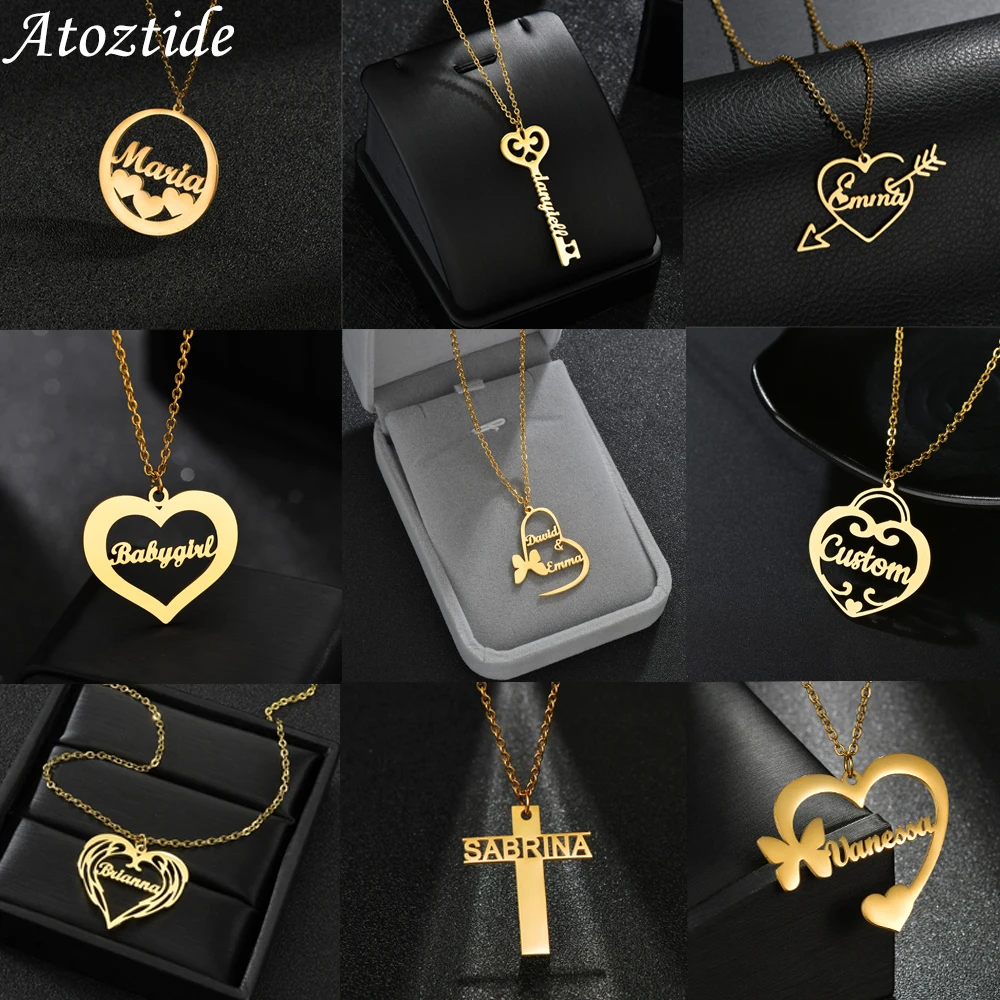 Atoztide Custom Name Necklace Personalized Butterfly Fashion Stainless Steel Pendant Heart Letter One Hole Chain for Women Gift