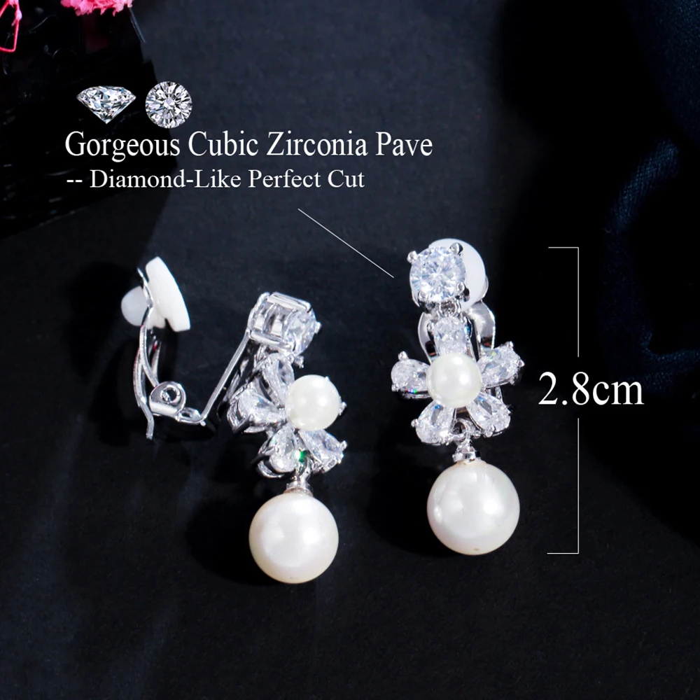 BeaQueen Lovely Shiny Flower Shape Cubic Zircon Crystal Pearl Clip On Earrings for Women Wedding Decor Non Pierced Jewelry E438