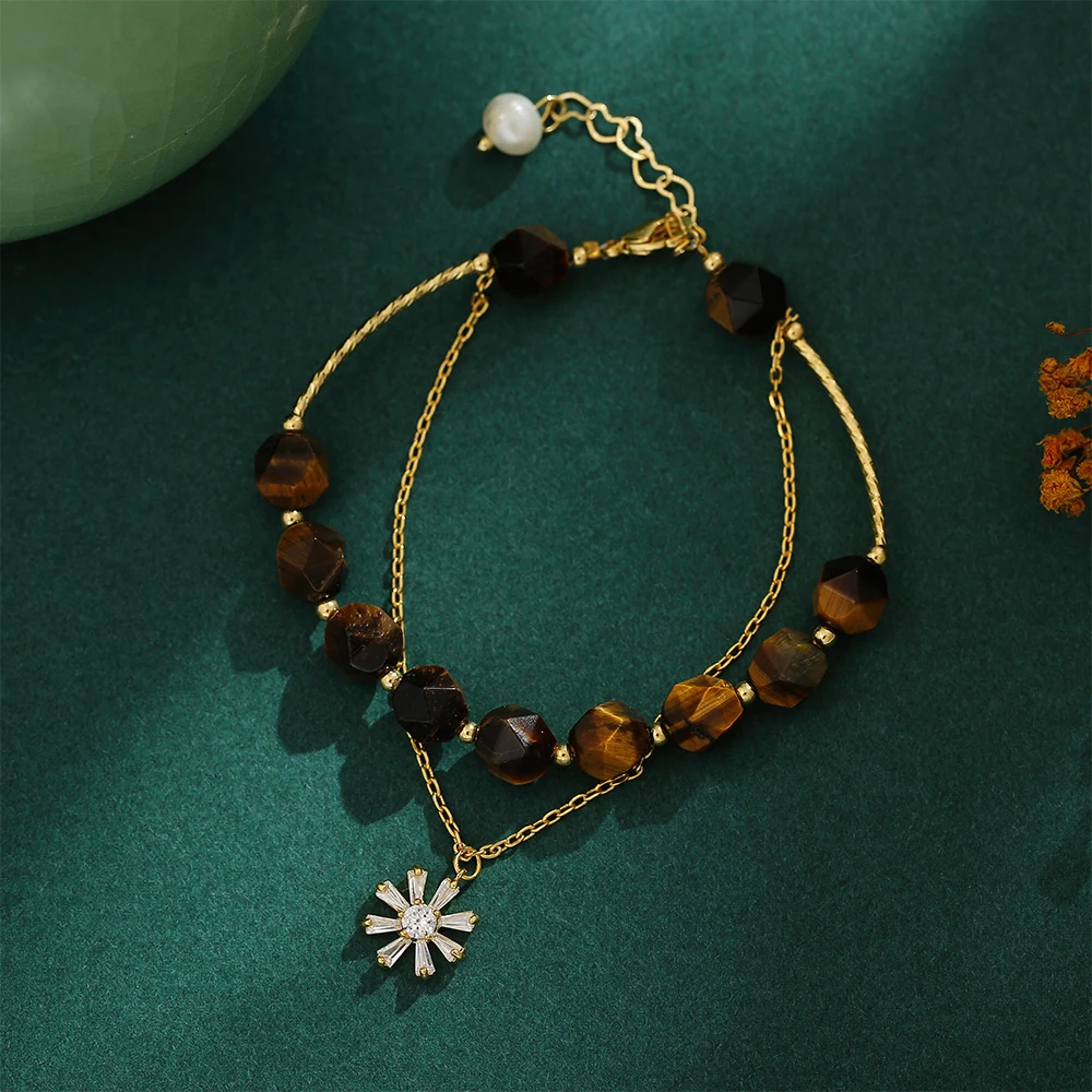 Handmade Trendy Natural Tiger Eye Stone Sunflower Charm Chain Strand Link Bracelets for Women Girl Christmas Gift