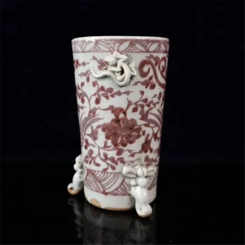 Jingdezhen Underglaze Red Porcelain Round Pen Container Double Phoenix Painting Three-foot Double Ears Pen Container