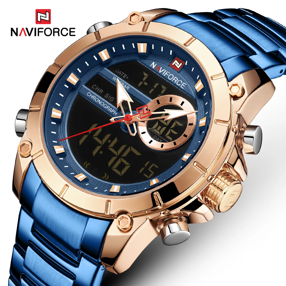 NAVIFORCE 블루 골드 패션 크리에이티브 디자인 풀 스틸 스포츠 쿼츠 시계, 2021 비즈니스 듀얼 디스플레이 손목 시계, 남자 Relogio